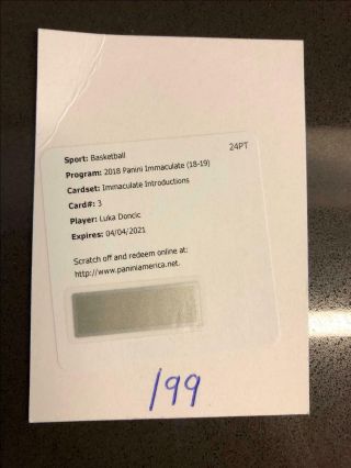 2018 - 19 Immaculate Introductions Autograph Auto Rc Luka Doncic /99
