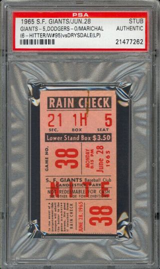 June 28,  1965 Giants Vs.  Dodgers Ticket Stub Marichal 6 - Hit Shutout Win 95 Psa