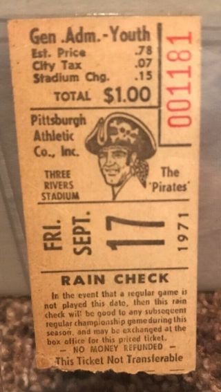 Pittsburgh Pirates Vs Mets 9 - 17 - 1971 Ticket Stub
