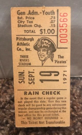 Pittsburgh Pirates Vs Mets 9 - 19 - 1971 Ticket Stub Clemente 3 Hits