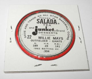 1963 Salada Junket Baseball Coin Pin 22 Willie Mays San Francisco Giants v2 2