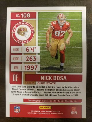 Nick Bosa 2019 Contenders FOTL Red Zone RPS Rookie Ticket Auto - SSP RC Auto 2