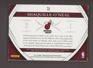 2014 - 15 Immaculate Premium Shaquille O ' Neal Heat 3 - Color Patch AUTO 9/10 2