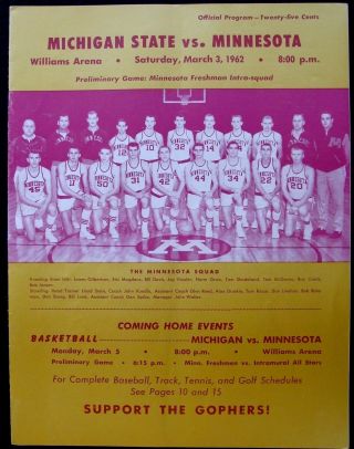 1962 Minnesota Gophers V.  Michigan State Basketball Game Program - Gent Sanders