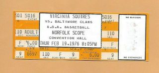 1976 Virginia Squires Vs Baltimore Claws Aba Basketball Full Ticket Norfolk Va