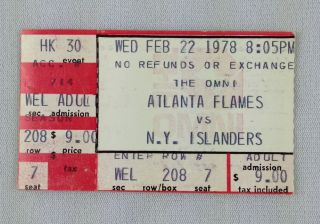 Nhl 1978 02/22 York Islanders At Atlanta Flames Hockey Ticket Stub