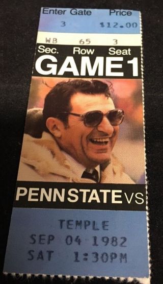 1982 Penn State Football Ticket Stub - Game 1 Temple - Joe Paterno On Stub