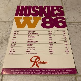 1986 Washington Huskies Football Schedule Standup Display Hard Cardboard Rainier