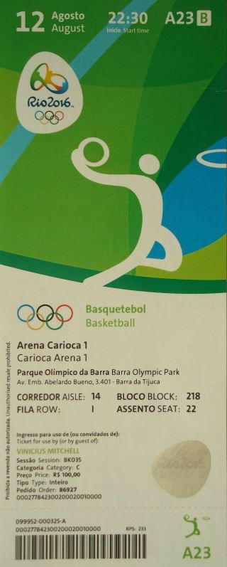 Ticket 12.  8.  2016 Olympic Rio Basketball Men 