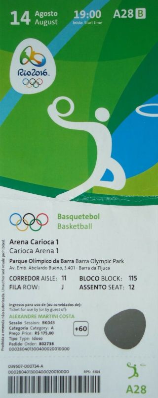 Ticket 14.  8.  2016 Olympic Rio Basketball Men 