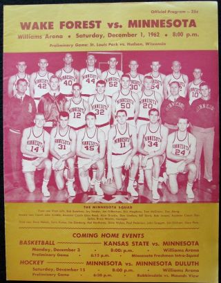 1962 Minnesota Gophers V.  Wake Forest Basketball Game Program @ Williams Arena