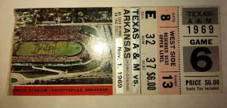 Vintage Texas A&m Aggies Vs Arkansas Razorbacks 1969 Football Ticket