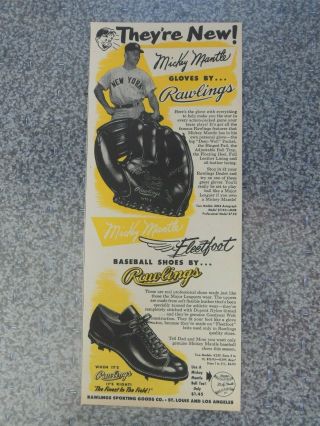 Vintage 1954 Mickey Mantle Mm4 Rawlings Baseball Glove Advertisement