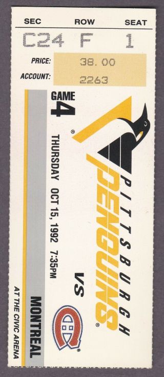 Oct.  15,  1992 Pittsburgh Penguins Vs.  Montreal Canadiens Ticket Stub