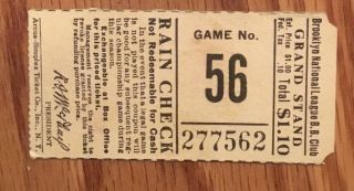 Vintage Mlb Brooklyn Dodgers Baseball Ticket Stub From Ebbets Field