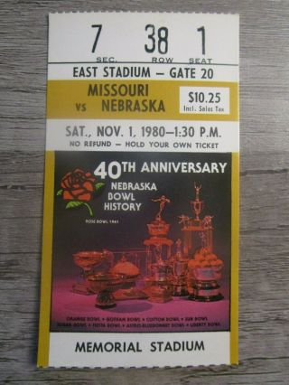 1980 Nebraska Cornhuskers V Missouri Tigers Football Ticket Stub