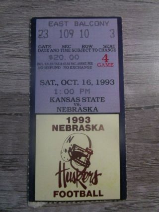 1993 Nebraska Cornhuskers V Kansas State Wildcats Football Ticket Stub