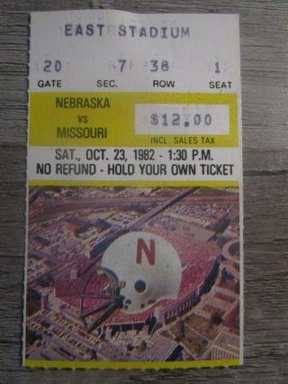 1982 Nebraska Cornhuskers V Missouri Tigers Football Ticket Stub
