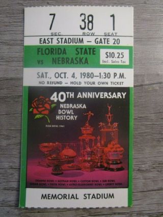 1980 Nebraska Cornhuskers V Florida State Seminoles Football Ticket Stub