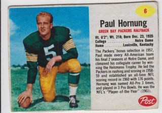 Paul Hornung 1962 Post Cereal Football Card 6 Packers Vg/ex 53157