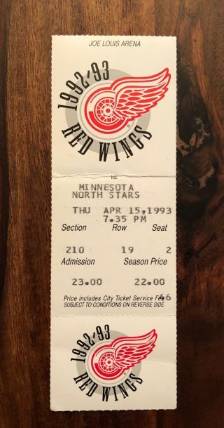 Nhl Minnesota North Stars Vs Red Wings Ticket Stub (full) - Apr 15,  1993 - Last Game