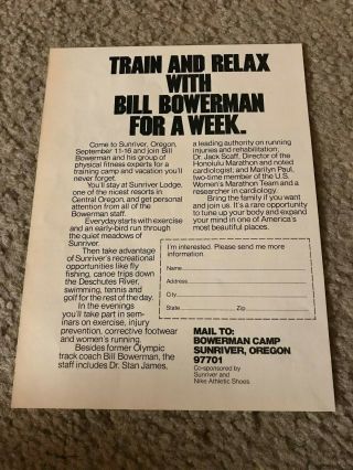 Vintage 1979 Nike Running Bill Bowerman Training Camp Poster Print Ad Oregon