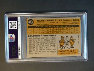 1960 Topps 350 Mickey Mantle PSA 4 VG - EX York Yankees PSA Label 2