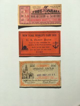 3 Auth Antq Tickets; Football; Ny World Fair ; California Pacific Expo; Wwii Era