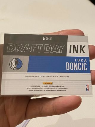 2018 - 19 Absolute Draft Day Luka Doncic RC Rookie Auto Autograph /125 Mavericks 2