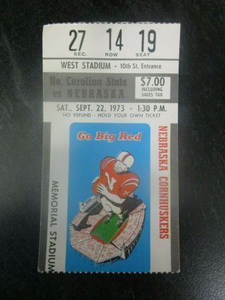 1973 Nebraska Cornhuskers V North Carolina State Wolfpack Football Ticket Stub