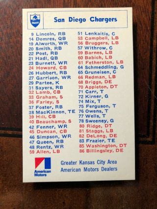 1969 San Diego Chargers AFL Football Roster Schedule American Motors 2