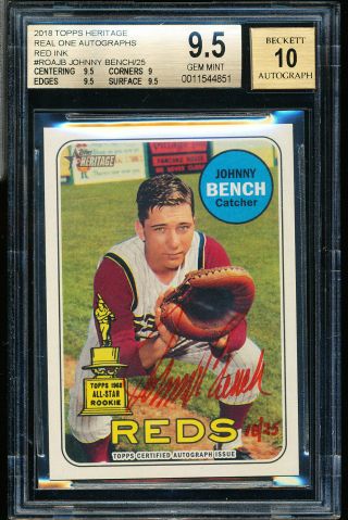 2018 Topps Heritage Johnny Bench Real One Red Ink 10/25 Bgs 9.  5 10 Auto