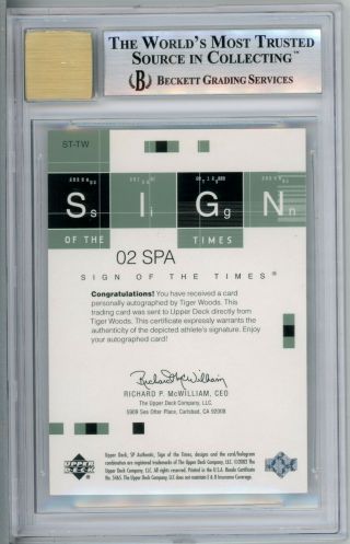2002 Tiger Woods SP Authentic Sign of the Times BGS 9 W/ 9.  5,  9.  5,  9.  5,  8 and 2