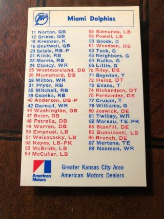 1969 Miami Dolphins Afl Football Roster Schedule American Motors