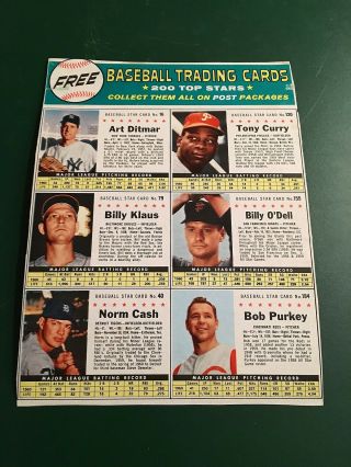 1961 Post Cereal Baseball Sheets / Norm Cash,  Art Ditmar,  Bob Purkey
