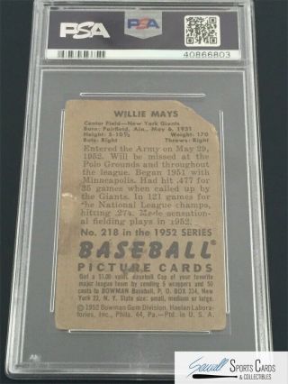 1952 Bowman 218 Willie Mays PSA Authentic,  SEWALL 2
