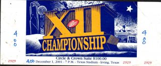 2001 Big 12 Championship Suite Football Ticket Texas Longhorns - Colorado