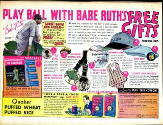 1 - 15 X 11 Ad For Puffed Wheat,  Play Ball With Babe Ruth York Yankees