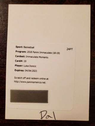 Luka Doncic 2018 - 19 Immaculate Moments Autograph Auto Redemption Rc /99 Roy