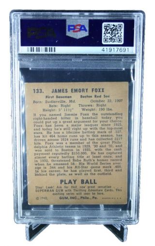 1940 Play Ball Baseball Card JIMMIE FOXX 133 PSA 5 (EX) Boston Red Sox 2