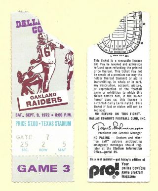 1972 Oakland Raiders Vs Dallas Cowboys Ticket Stub At Texas Stadium