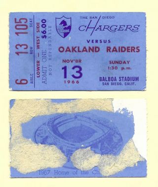 1966 Oakland Raiders Vs San Diego Chargers Afl Ticket Stub At Balboa Stadium