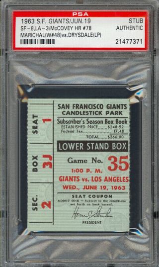 June 19,  1963 Giants Vs.  Dodgers Ticket Stub Mccovey Hr 78 Marichal Win 48 Psa