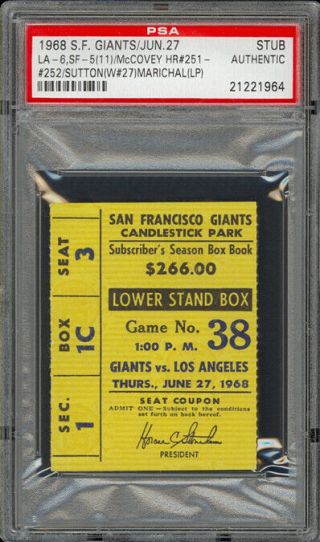 June 27,  1968 Giants Vs.  Dodgers Ticket Stub Mccovey 2 Hr 