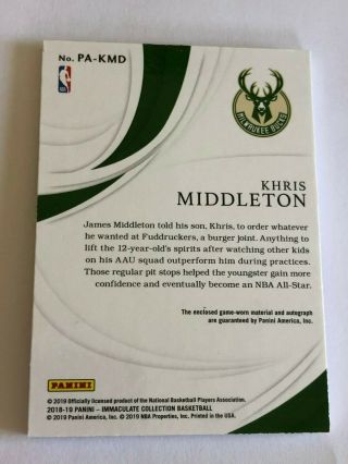 2018 - 19 Immaculate Khris Middleton Premium Edition FOTL Tag Patch Auto ’d /3 2
