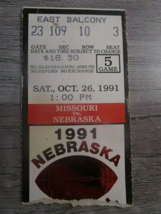 1991 Nebraska Cornhuskers V Missouri Tigers Football Ticket Stub