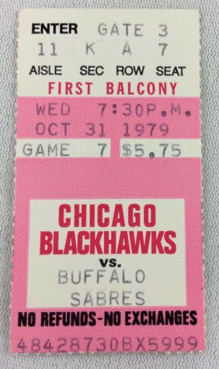 Nhl 1979 10/31 Buffalo Sabres At Chicago Blackhawks Hockey Ticket Stub