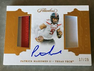 Patrick Mahomes Ii 2018 Flawless Dual Game Jersey Auto 17/25 Chiefs 3 Colors