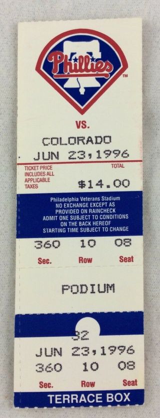 Mlb 1996 06/23 Colorado Rockies At Philadelphia Phillies Ticket - Ellis Burks 2 - Hr