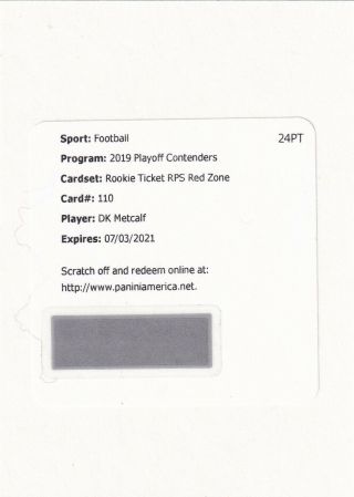 Dk Metcalf 2019 Panini Contenders Fotl Red Zone Rps Ticket Auto Redemption